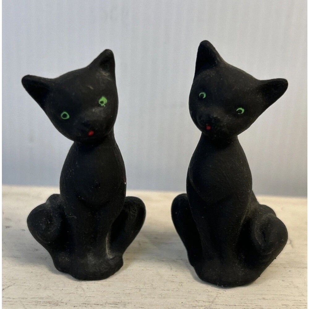 VTG MCM Miniature Black Cat Figurines, Pear, Green Eyes Ceramic Kitsch 2 1/2 In